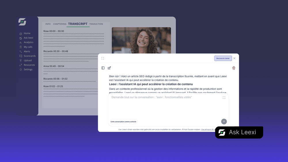 ## How do the AI assistants work together?

The strength of Leexi’s AI assistants isn’t just in their individual features, but in their ability to operate as an ecosystem.

For example, a meeting captured via Leexi’s AI Note-taking automatically generates a transcription, a structured summary, and the next steps.

Key information can then be retrieved instantly with Ask Leexi — just ask a question to get the exact answer based on the recorded exchanges.

Each interaction enriches the available data and makes it easier to access the knowledge derived from professional conversations.

This approach connects tools and avoids information silos while ensuring continuity across interactions.