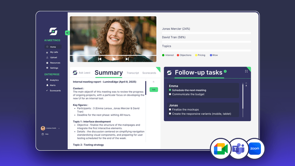 ## Leexi’s AI-assistenten

Leexi’s AI-assistenten ondersteunen teams voor, tijdens en na vergaderingen om elke fase van professionele uitwisselingen te optimaliseren.

Ze bestrijken de volledige levenscyclus van vergaderingen: voorbereiding, realtime assistentie en het gebruik van informatie na de vergadering.

Deze assistenten bestaan uit verschillende complementaire functionaliteiten:
- AI-notulering: opname, transcriptie en automatische generatie van samenvattingen van uw vergaderingen en gesprekken
- AI-taken: identificatie en opvolging van actiepunten uit discussies
- Ask Leexi: conversationele assistent waarmee u uw gegevens kunt bevragen en snel informatie terugvindt
- Mobiele app: opname en benutting van uw fysieke vergaderingen
- AI-briefing: geautomatiseerde voorbereiding van afspraken met de belangrijkste elementen
- AI-rapport: automatische generatie van rapporten en analyses op basis van gesprekken
- Conversationele intelligentie: analyse van uitwisselingen om commerciële prestaties te verbeteren
- AI-agenda: geoptimaliseerde planning van afspraken

Elke functie beantwoordt aan een specifiek behoefte, terwijl ze geïntegreerd zijn in een coherent geheel.