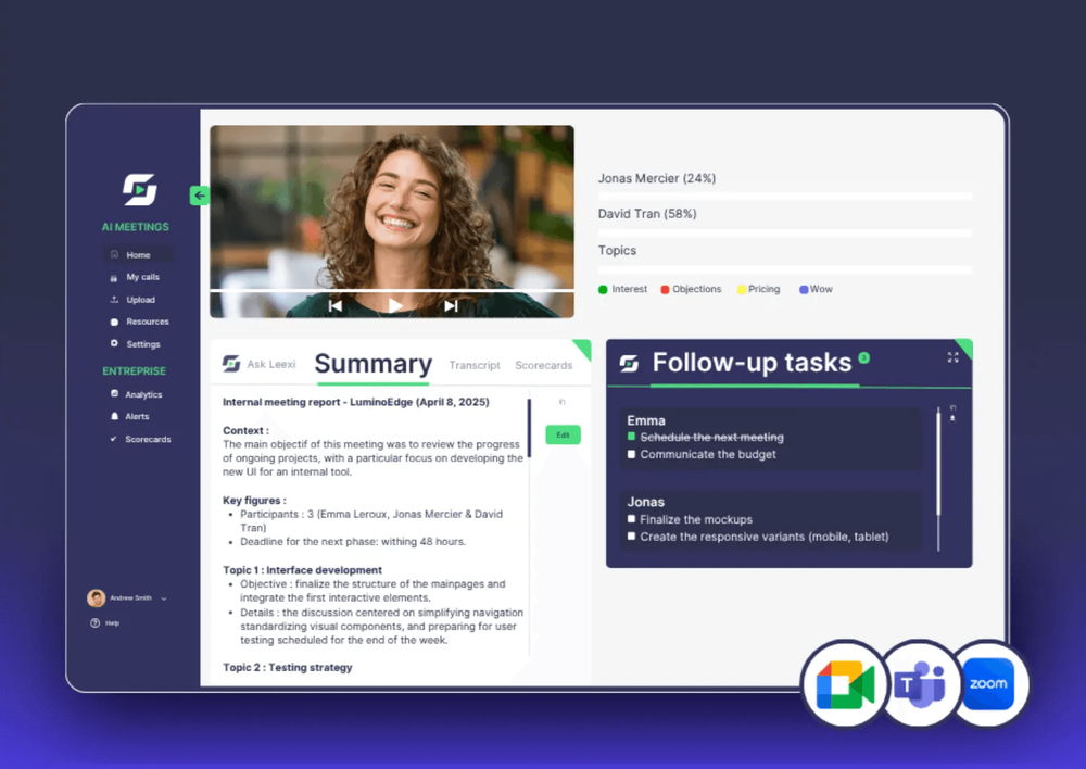 ## Gli assistenti IA di Leexi
Gli assistenti IA di Leexi accompagnano i team prima, durante e dopo le riunioni per ottimizzare ogni fase degli scambi professionali.
Coprono l’intero ciclo di vita delle riunioni: preparazione, assistenza in tempo reale e sfruttamento delle informazioni dopo l’incontro.
Questi assistenti si declinano in diverse funzionalità complementari:
- Prendere appunti con IA: registrazione, trascrizione e generazione automatica di riassunti delle tue riunioni e conversazioni
- Attività IA: identificazione e monitoraggio delle azioni emerse dalle discussioni
- Ask Leexi: assistente conversazionale che ti permette di interrogare i tuoi dati e trovare rapidamente informazioni
- App mobile: registrazione e sfruttamento delle riunioni in presenza
- Briefing IA: preparazione automatizzata degli appuntamenti con i punti chiave
- Report IA: generazione automatizzata di report e analisi a partire dalle conversazioni
- Intelligenza conversazionale: analisi degli scambi per migliorare le performance commerciali
- Calendario IA: ottimizzazione dell’organizzazione degli appuntamenti
Ogni funzionalità risponde a un’esigenza precisa, integrandosi in un insieme coerente.