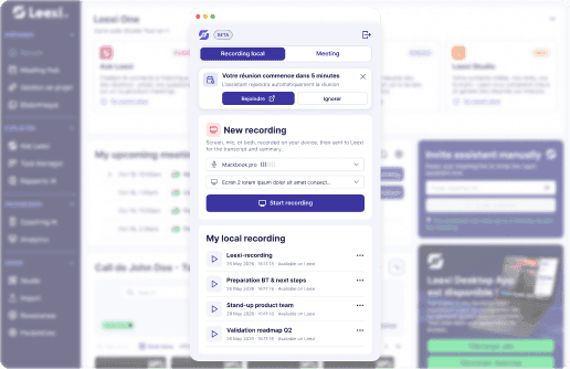 Leexi Desktop App ouverte au-dessus de la page d’accueil Leexi