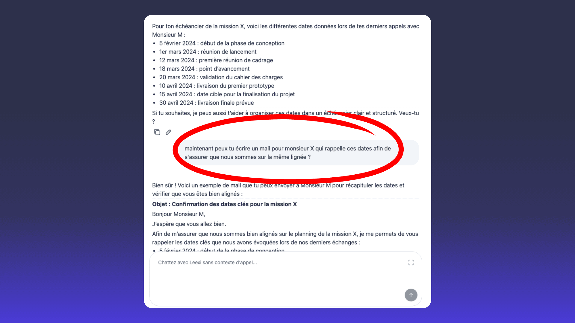 A French text conversation screenshot with a red circle highlighting a message about confirming dates.