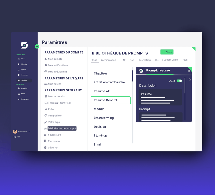 Bibliothèque de prompts et prompts personnalisés