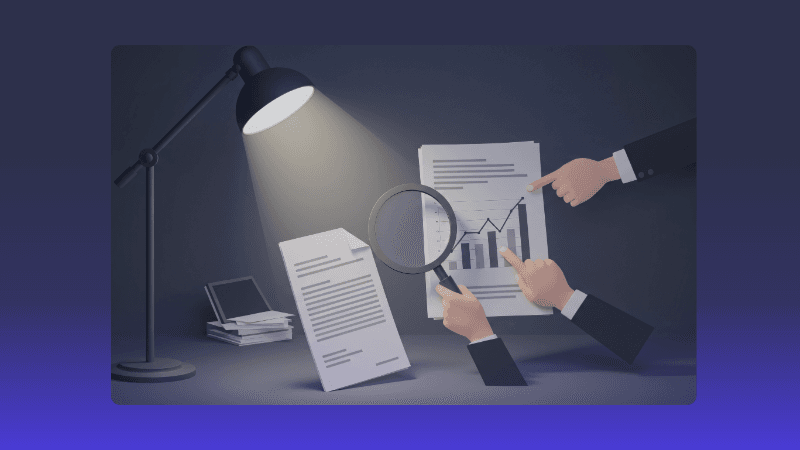 Desk lamp illuminates documents, a magnifying glass examines a bar graph, and hands point to data.
