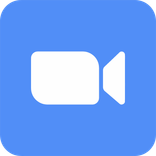 White video camera icon on a blue square, representing the Zoom app logo.