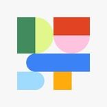 Colorful geometric shapes spell 'DUST' on a white background, forming an abstract logo.