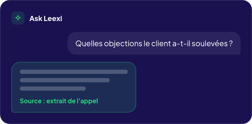 Ask Leexi listing the objections a client raised, with the call excerpt as source