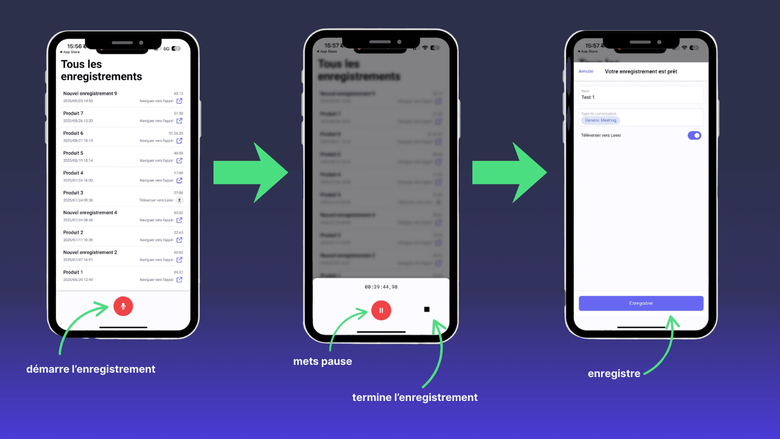 Steps on an iPhone illustrate recording, pausing, and saving a phone conversation.