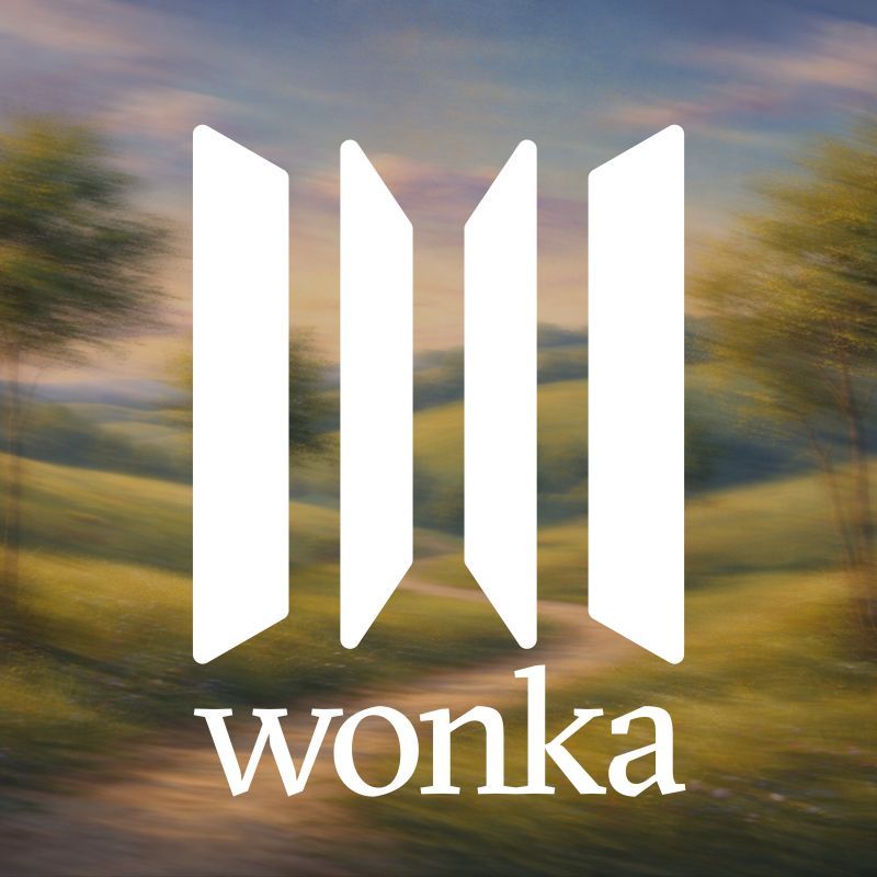 Wonka logo featuring stylized white vertical bars against a blurry green and brown landscape.